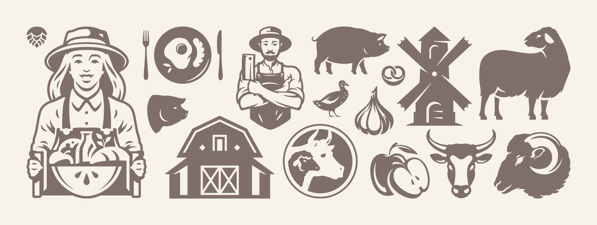 Farming agriculture harvest and livestock meat isolated retro detailed icon set flat vector