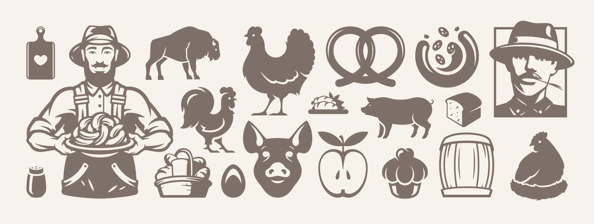 Butchery and agriculture food production drawing retro icon set flat illustration vector