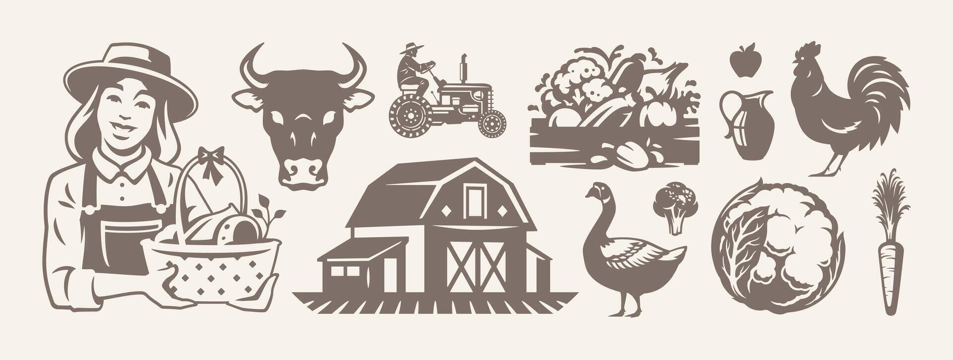 Farm agriculture and livestock eco food production retro icon set flat illustration vector