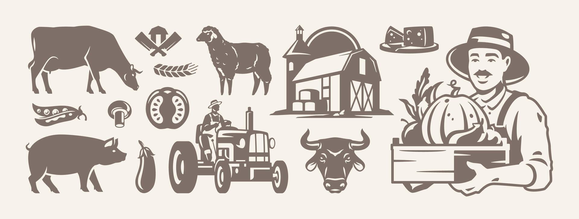 Farm agriculture and livestock organic food isolated retro icon set flat illustration vector