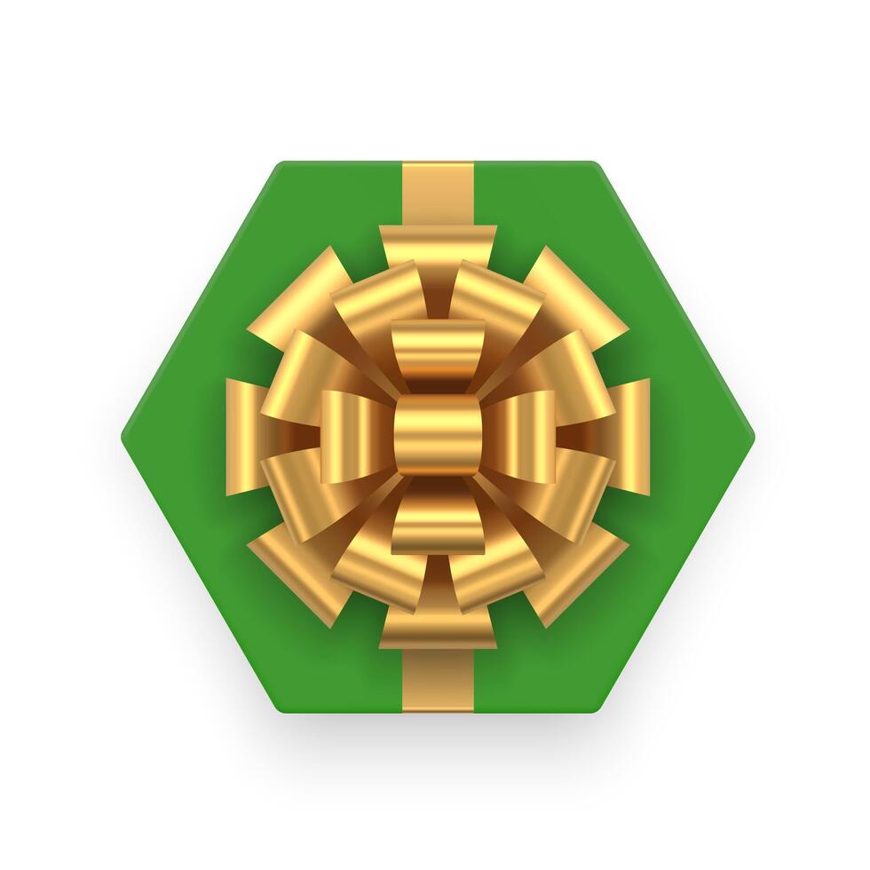 Green hexagonal festive gift box with golden premium bow ribbon top view realistic 3d icon vector