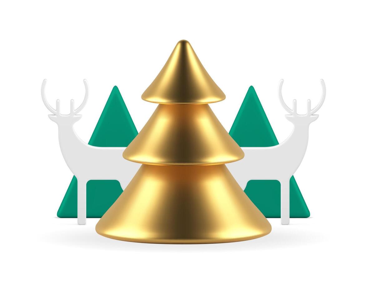 Golden Christmas tree forest deer toy geometric green triangle pyramid realistic 3d icon vector