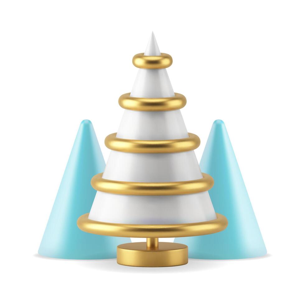 Cute white golden stripes Christmas tree on stack blue cone geometric decor realistic 3d icon vector