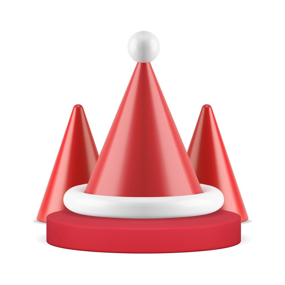 Santa Claus cone hat on red pedestal minimalist geometric Christmas tree 3d icon vector