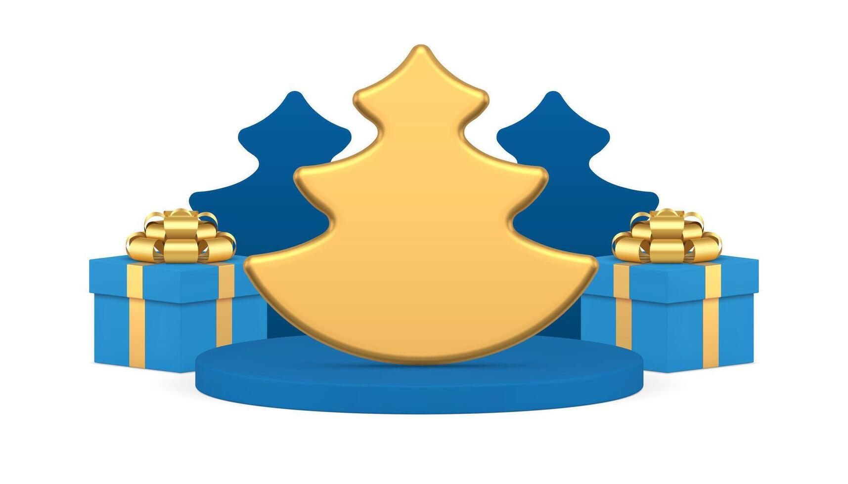 Luxury golden spruce bauble on podium blue festive gift box Christmas composition 3d icon vector