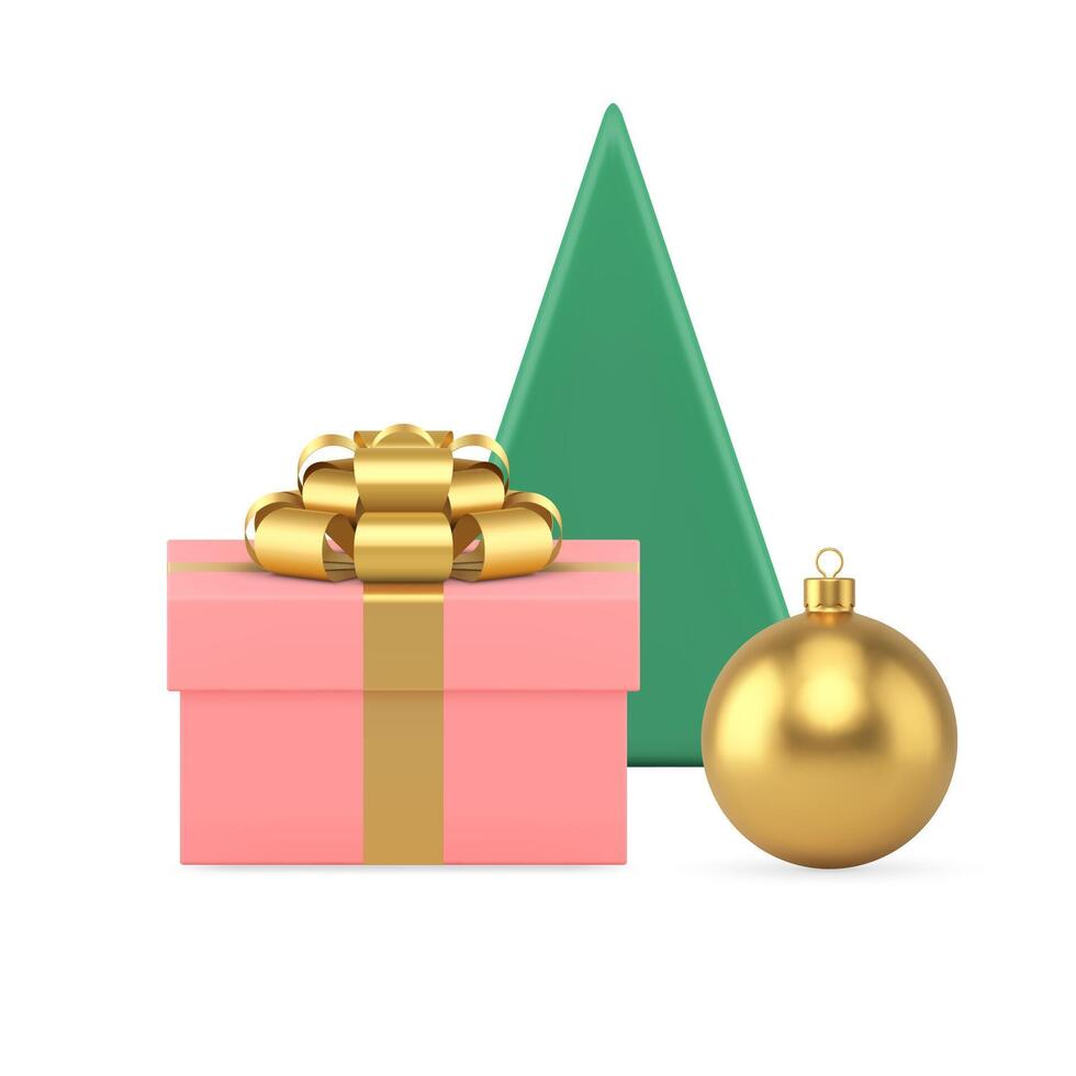 Xmas winter holiday festive gift box minimalist spruce and golden ball toy realistic 3d icon vector