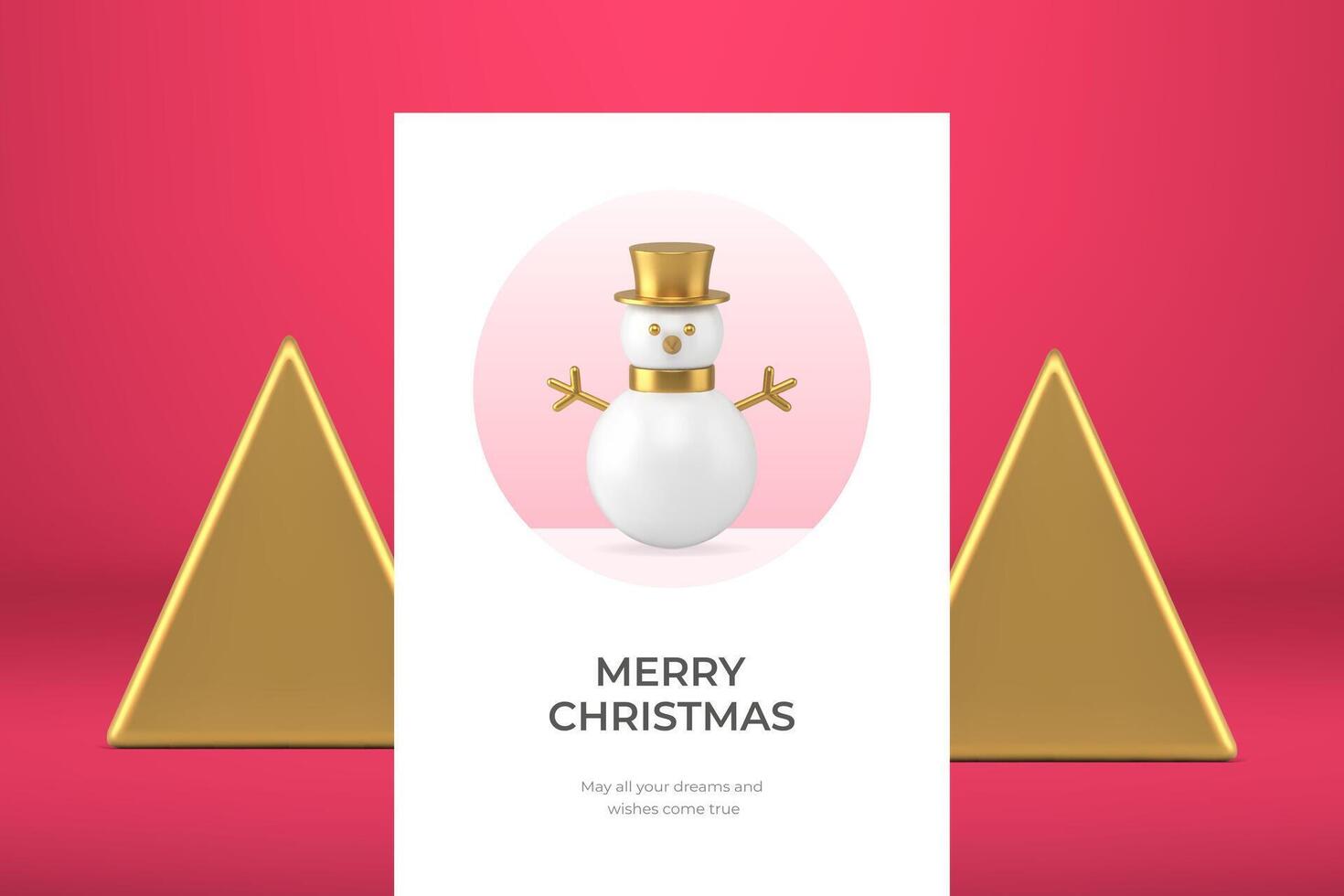 Pink premium Happy New Year greeting card luxury snowman in golden hat realistic 3d icon vector