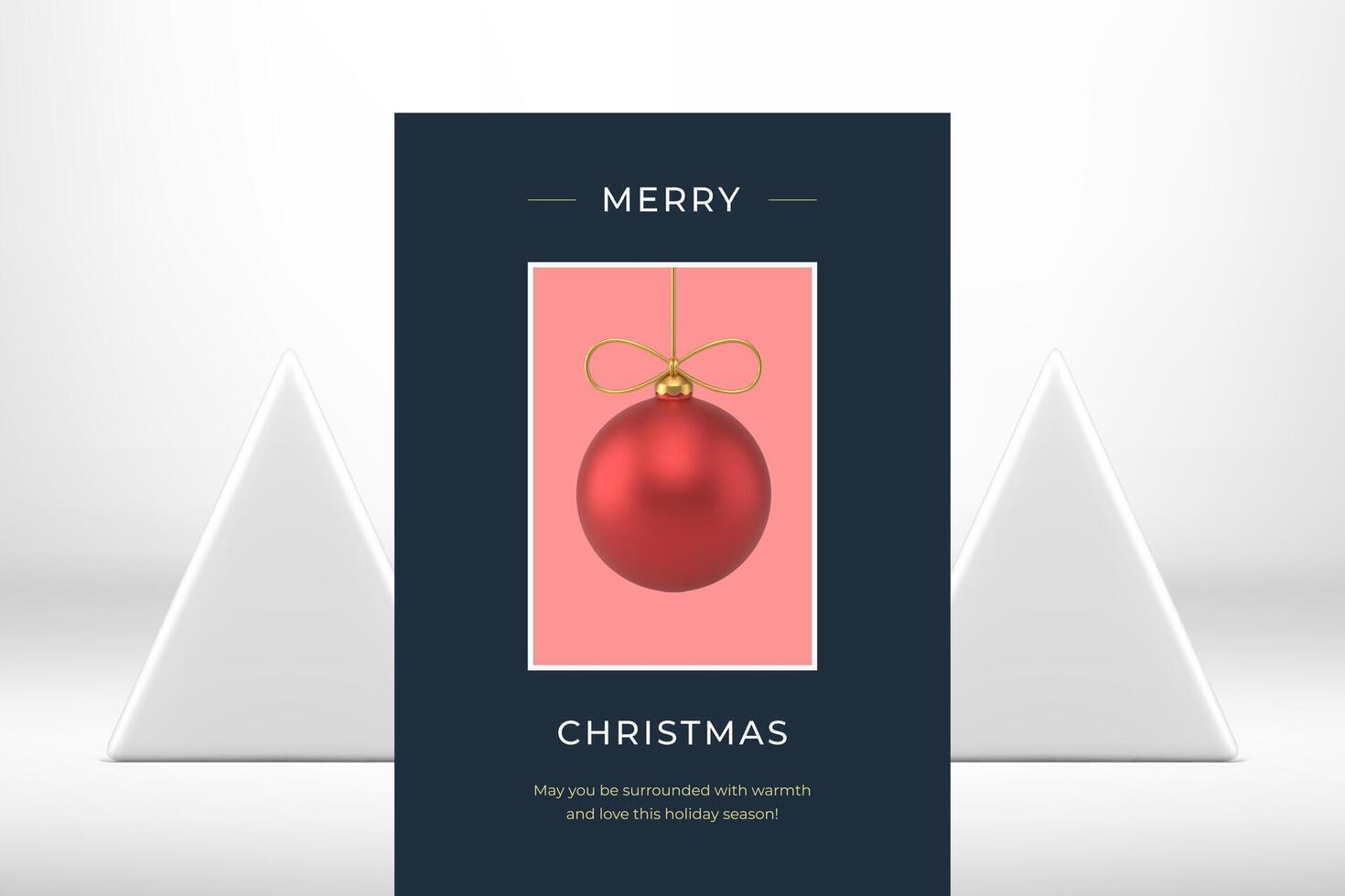Red premium Xmas ball toy Merry Christmas rectangle frame fashion greeting card 3d icon vector