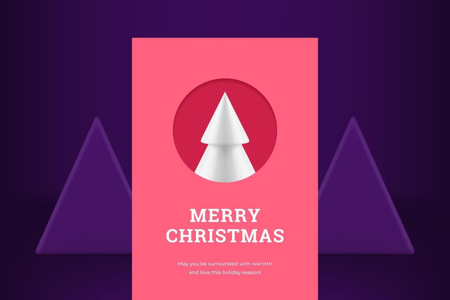 Cute pink Merry Christmas greeting card white glossy spruce in circle frame realistic 3d icon vector