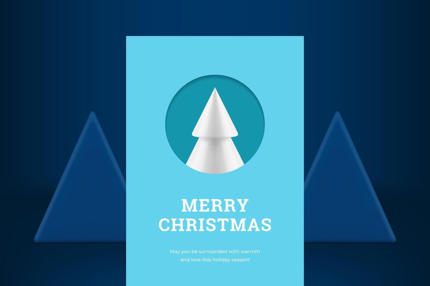 Blue Happy New Year greeting card white glossy fir tree in round border realistic 3d icon vector
