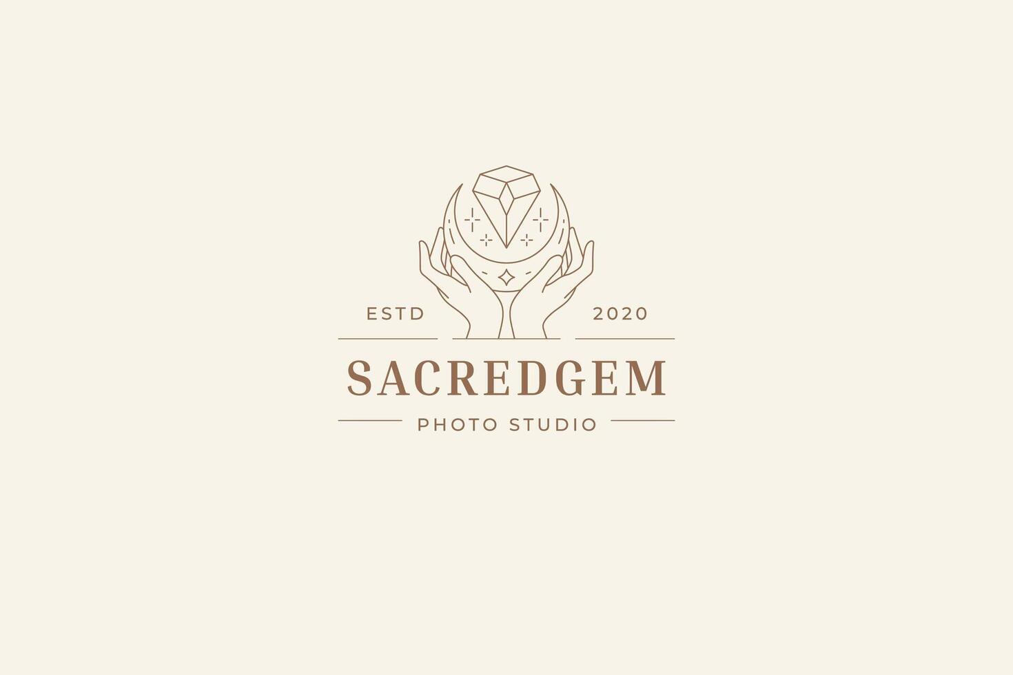 Sacred hands with mythic crescent gem line art logo design template illustration vector