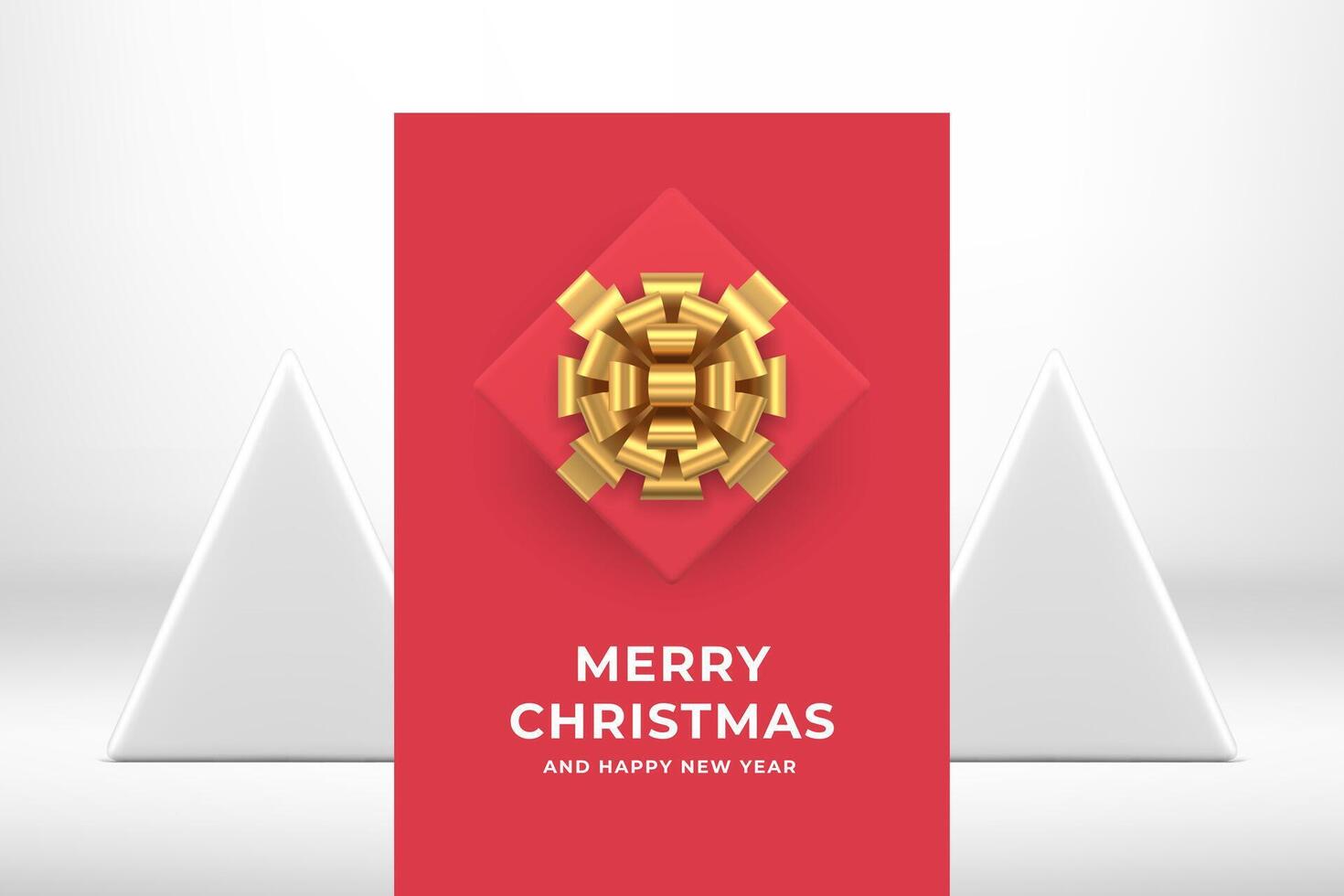 Premium Merry Christmas pink poster gift box with golden bow greeting card realistic 3d icon vector