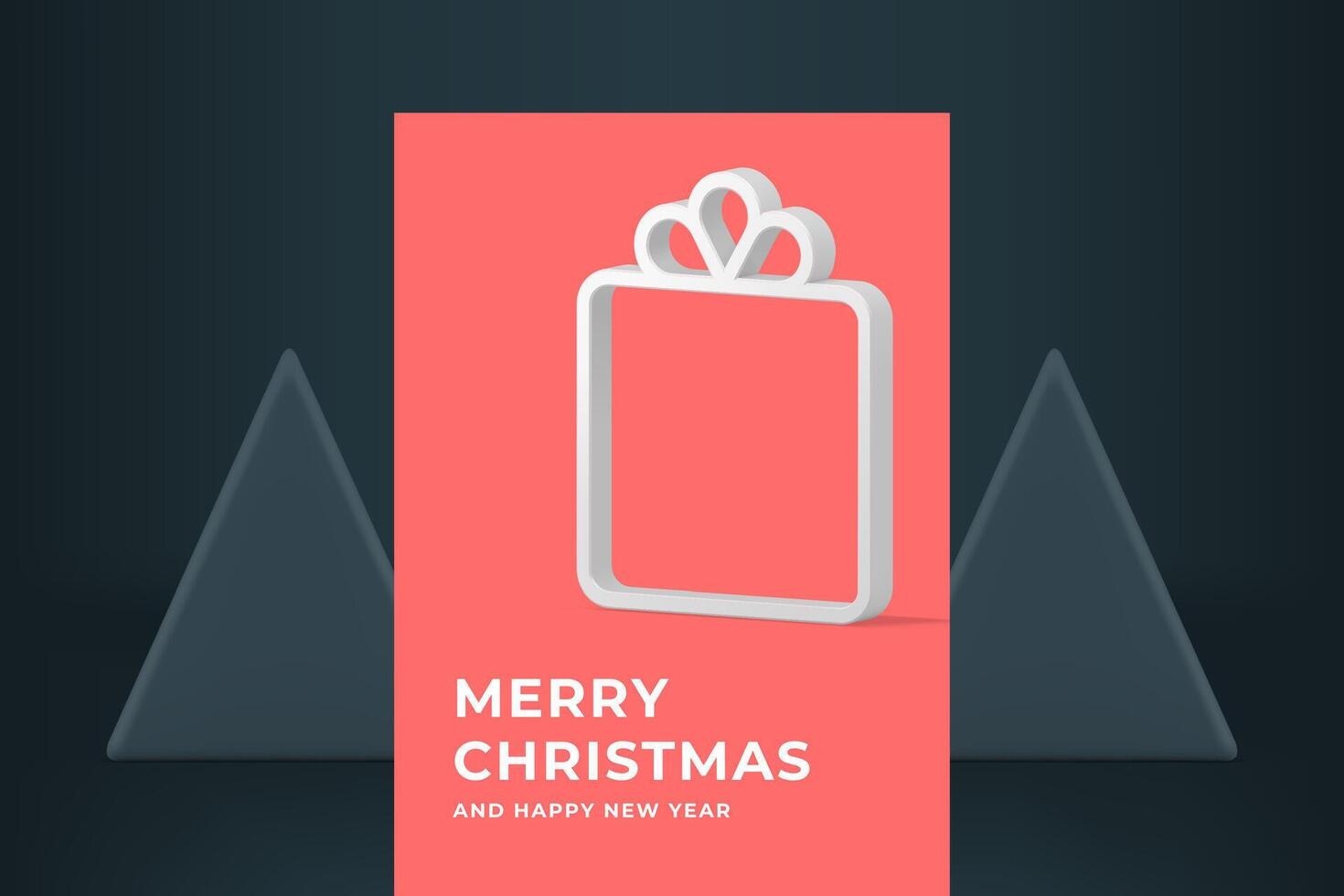 Merry Christmas pink greeting card gift box frame bauble realistic 3d icon Happy New Year vector