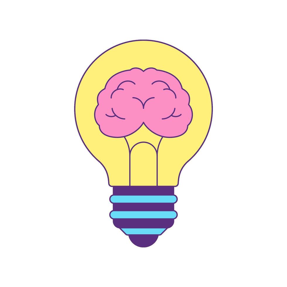Y2k light bulb with brain contemporary pop art psychedelic contoured icon flat vector