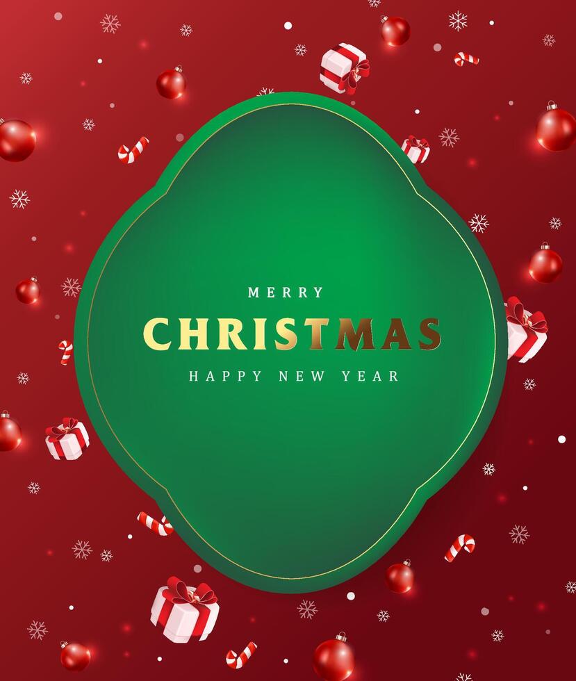 Merry Christmas sign banner frame with festive decoration on red background vector