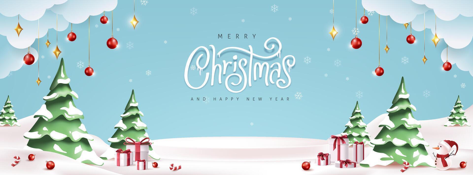 Merry christmas and happy new year greeting card with snow product display cylindrical shape copy-space and Cute snowman standing in winter christmas landscape snow falling vector