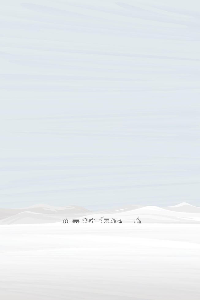 Small town in minimalist snowscape graphic illustration. Snow landscape vertical background concept with blank space. vector