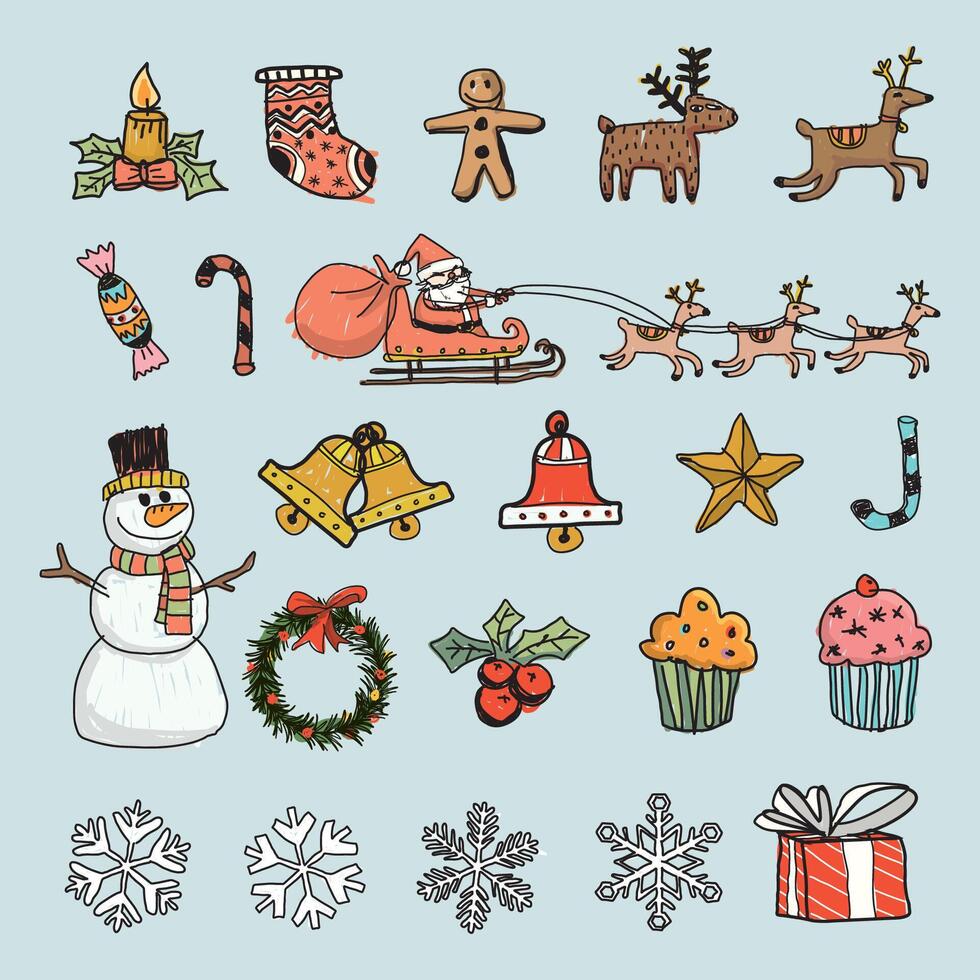 Colorful Christmas decoration elements isolated hand drawn childish style graphic illustration. vector