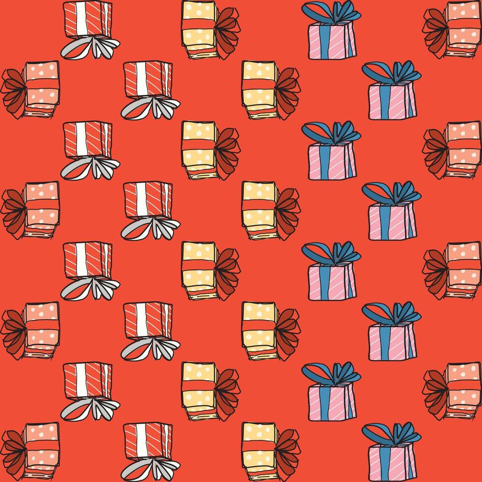 Gift boxes seamland pattern hand drawn childish style on red background graphic illustration. Presents wrapping paper greeting season concept. vector