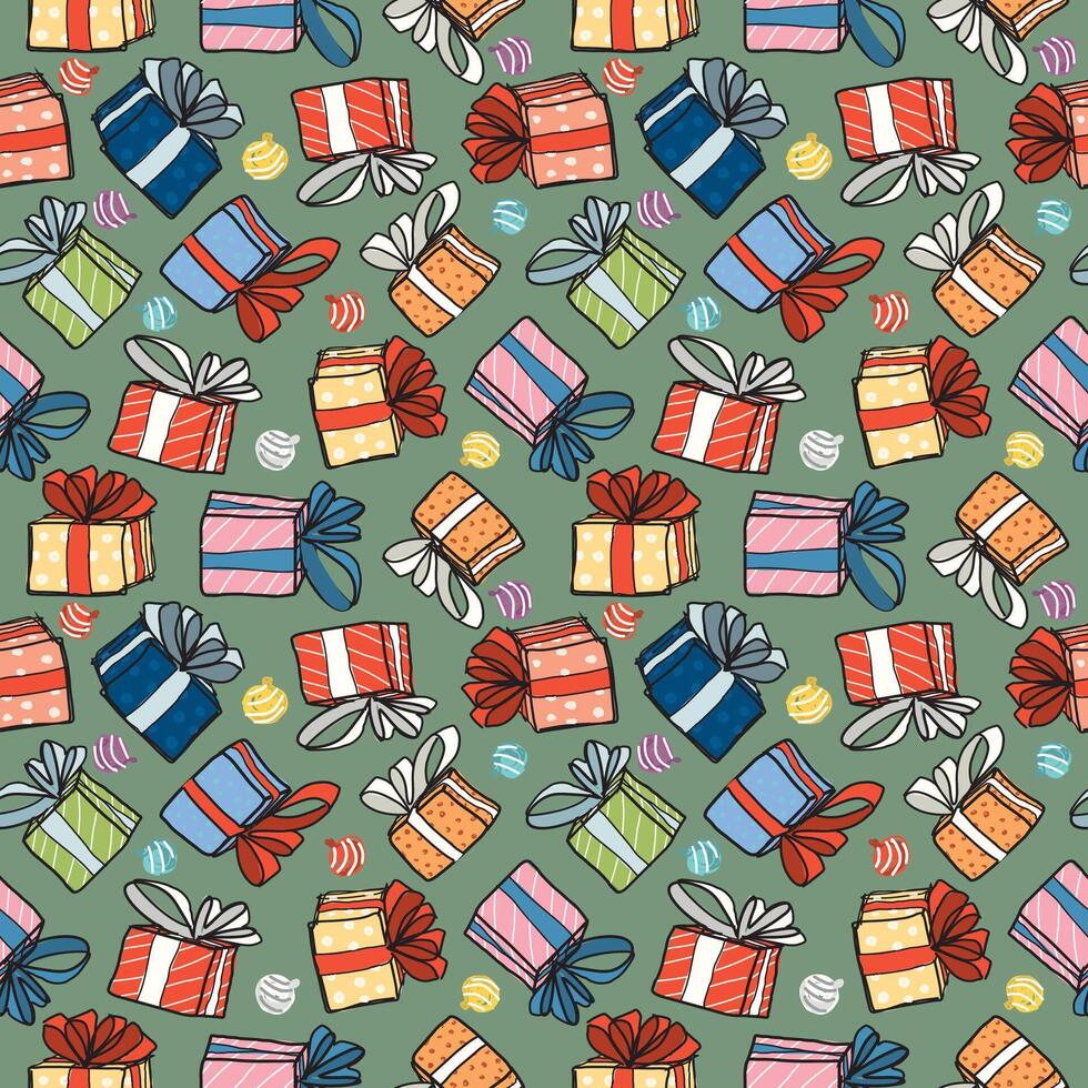 Gift boxes and garland seamland pattern hand drawn childish style on green background graphic illustration. Presents wrapping paper greeting season concept. vector