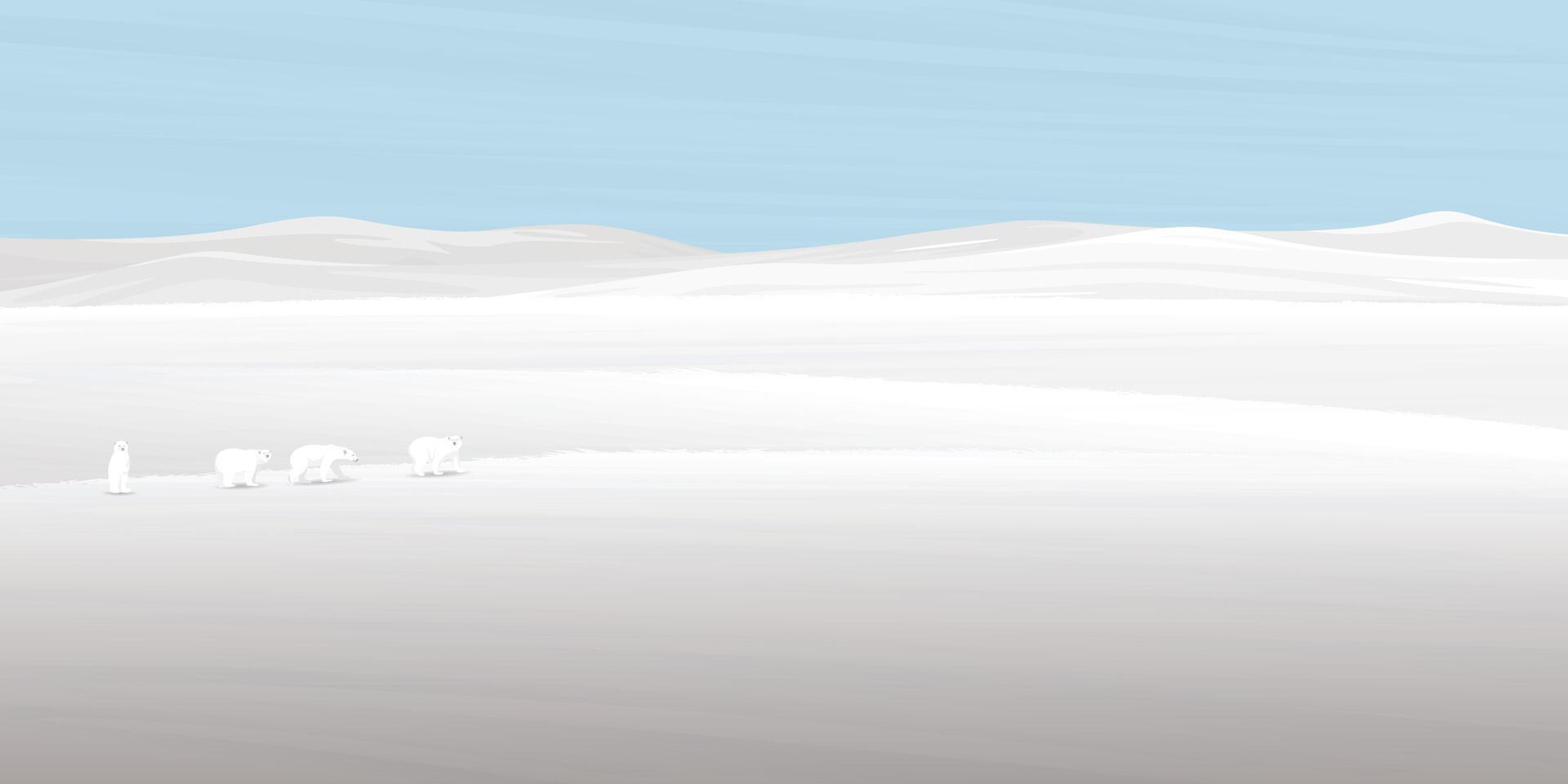 Minimalist snowscape have Polar bears family walking graphic illustration. Snow landscape background concept with blank space. vector