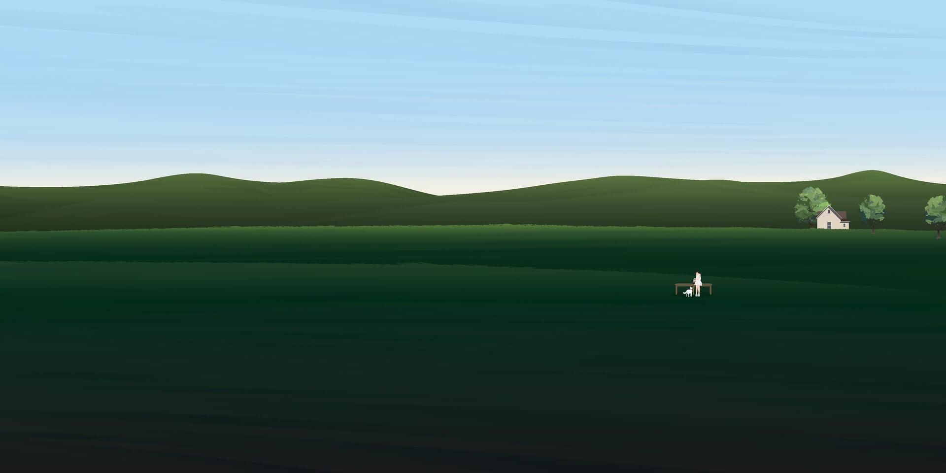 Minimalist glass fields landscape with mountain ranges, country house and a woman sitting in bench with her dog flat design graphic illustration. vector