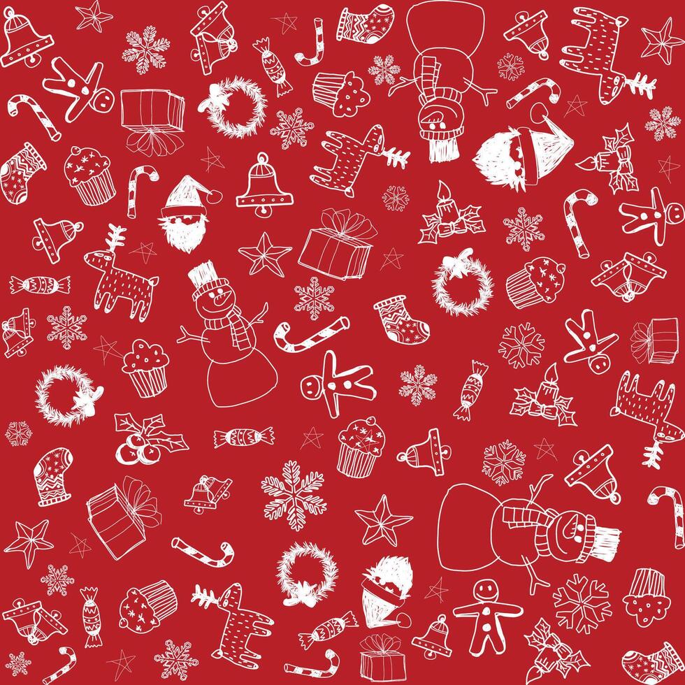 Christmas elements hand drawn childish style seamless pattern on red background graphic illustration. Merry Christmas gift wrapping paper template. vector