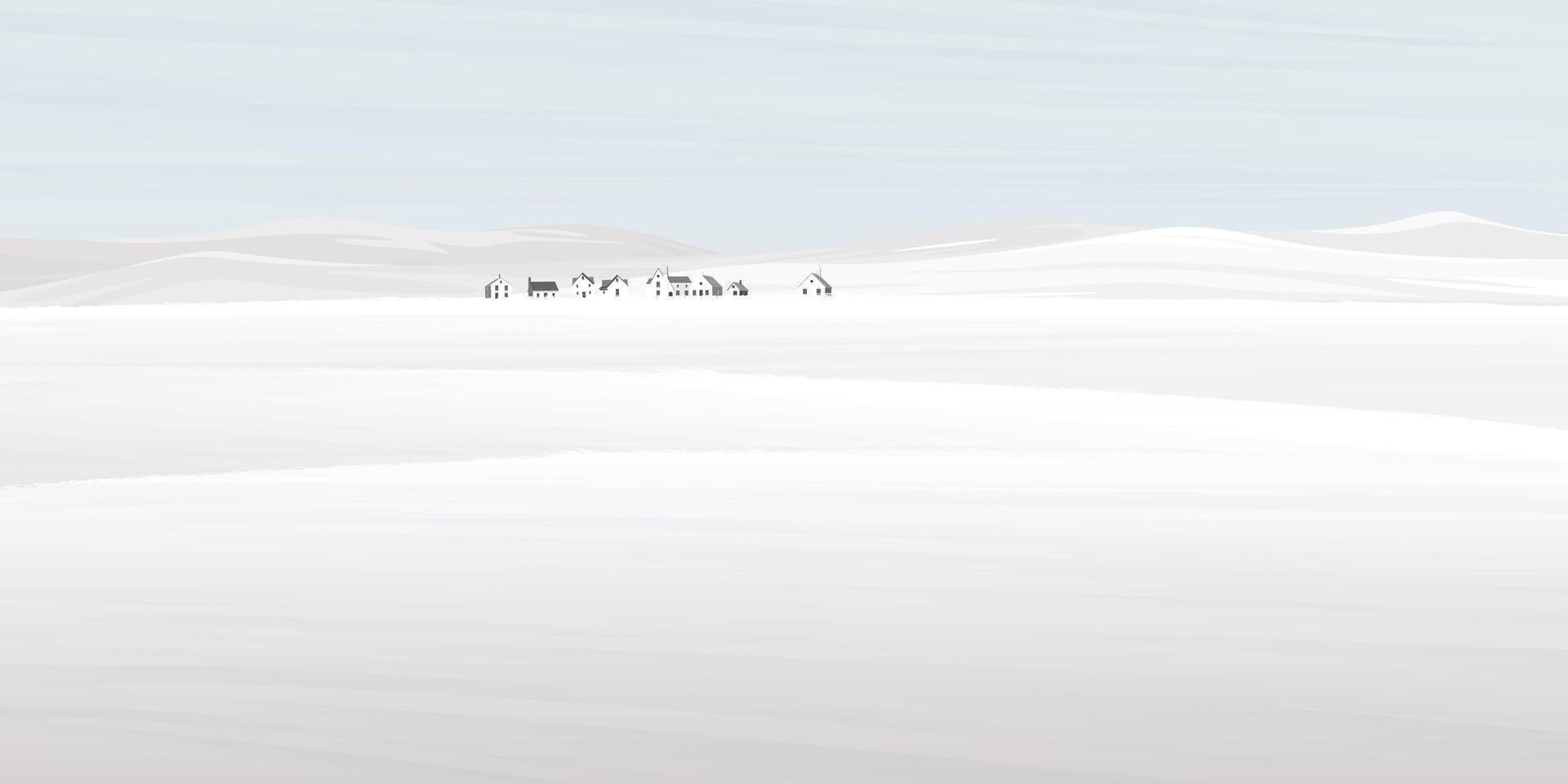Small town in minimalist snowscape graphic illustration. Snow landscape background concept with blank space. vector