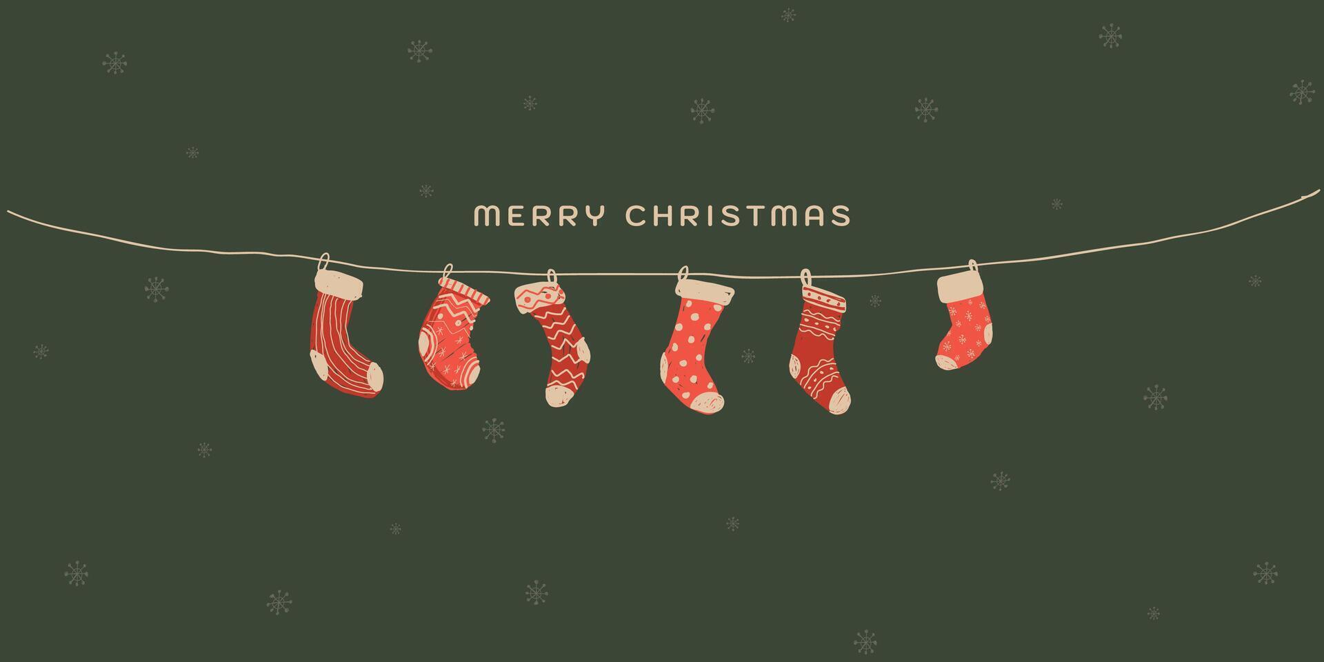 Various red socks hanging hand drawn childish style on green background graphic illustration. Merry Christmas greeting card rectangle template. vector