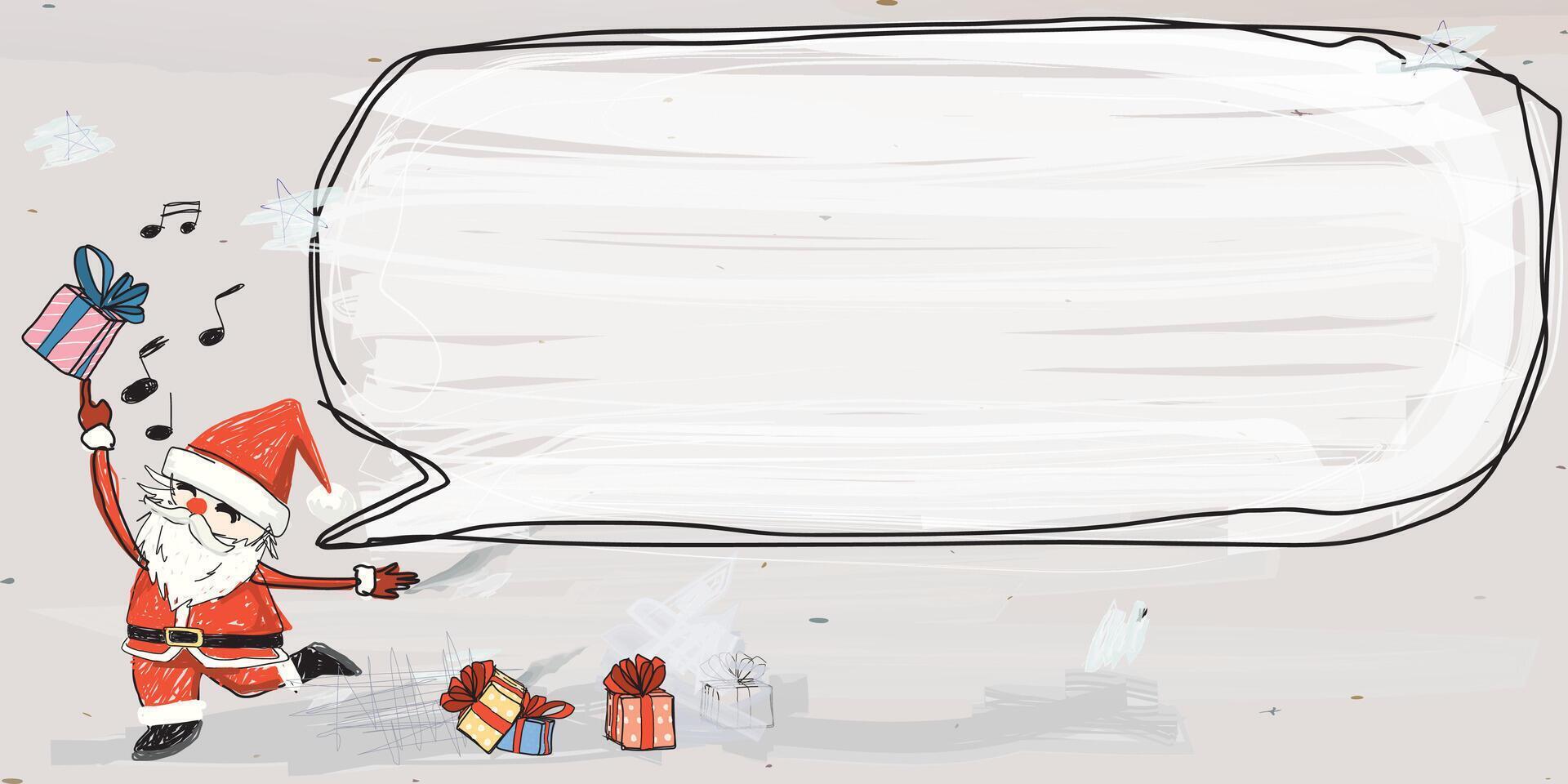 Santa Claus with blank speech bubble hand drawn childish style on gray background graphic illustration. Merry Christmas greeting card template. vector