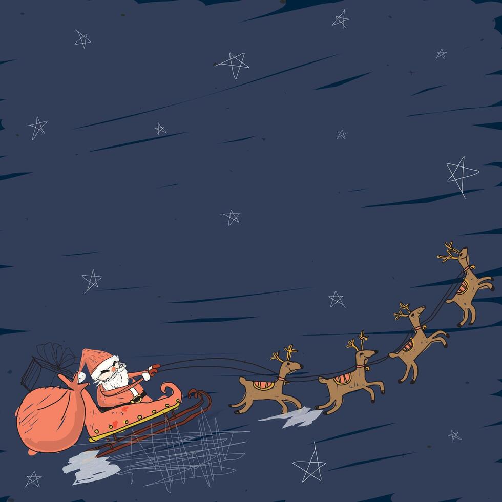 Santa Claus on sleigh with reindeers hand drawn childish style on night sky background have blank space graphic illustration. Merry Christmas greeting card square template. vector