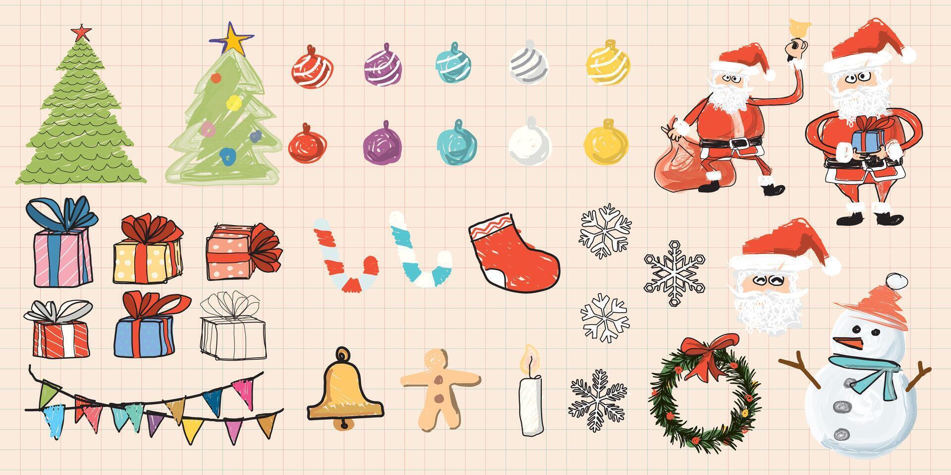 Christmas decoration elements hand drawn childish style graphic illustration. vector