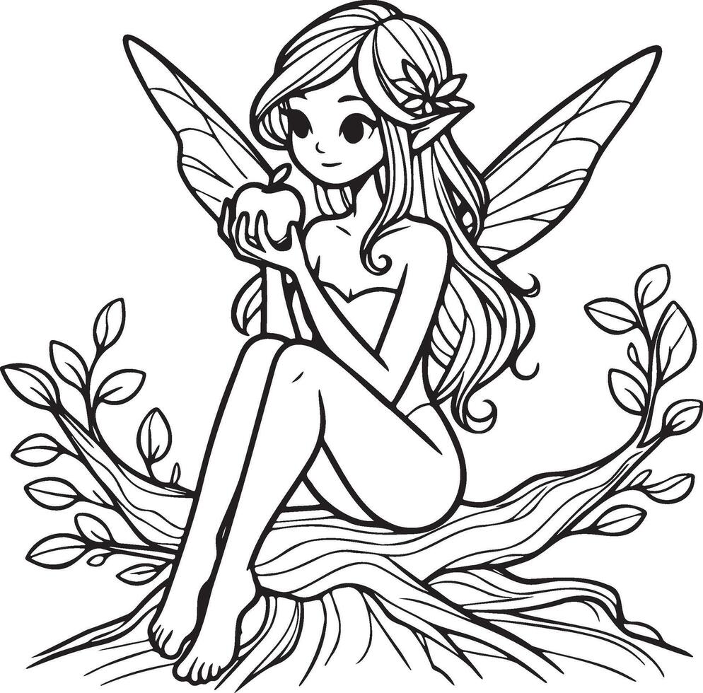 Sprite Fairy Sitting on Tree Holding an Apple. vector