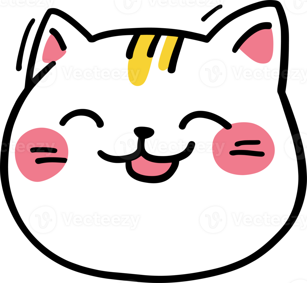 Joyful Cartoon Cat Face with Blushing Cheeks and Yellow Stripe png