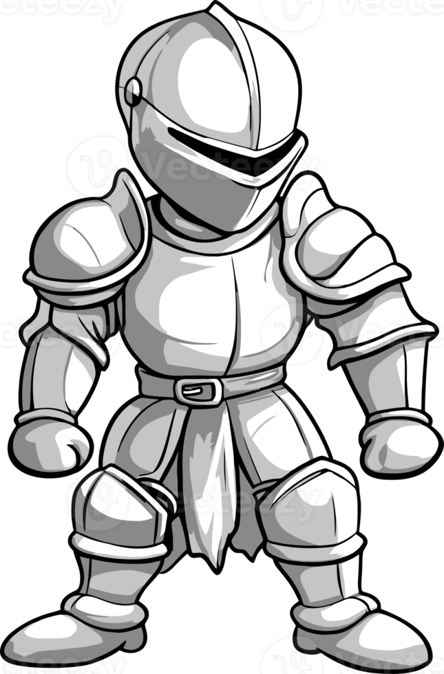 Medieval Knight Armor Illustration in Black and White, Full Body Cartoon Style png