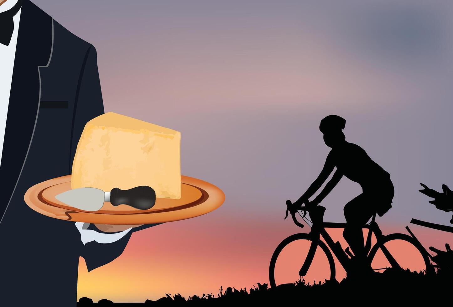 Waiter serving cheese to cyclist at sunset vector