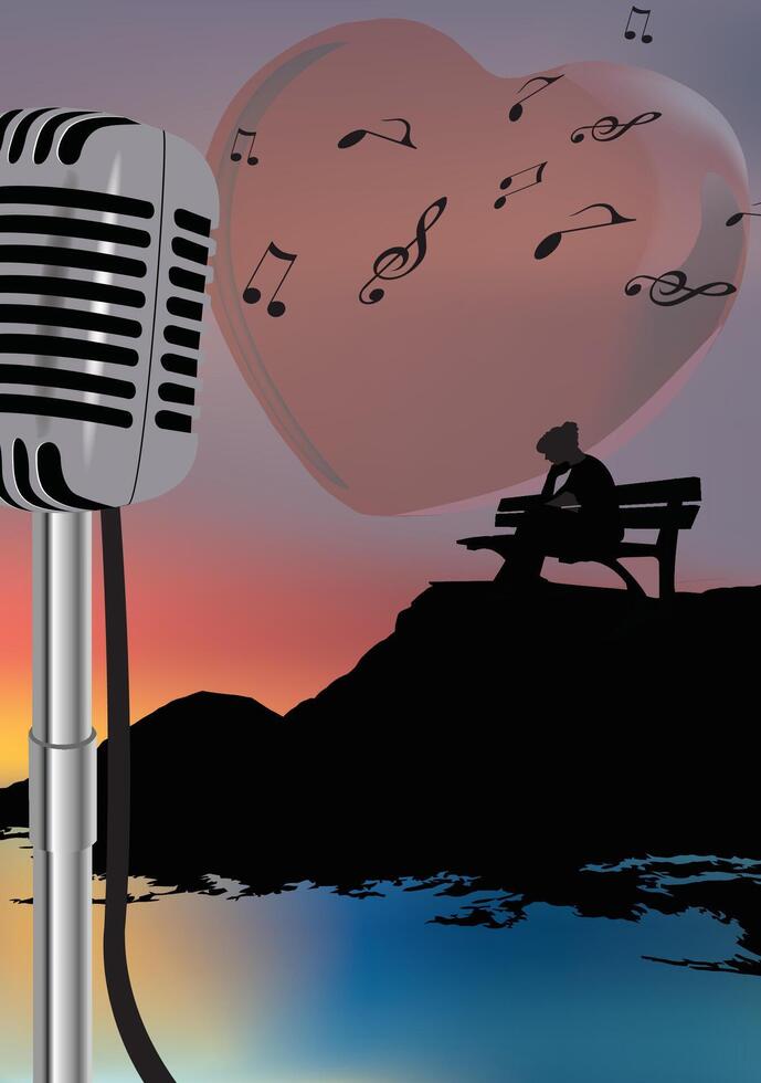 Woman sitting on bench listening to music at sunset with giant heart and microphone vector