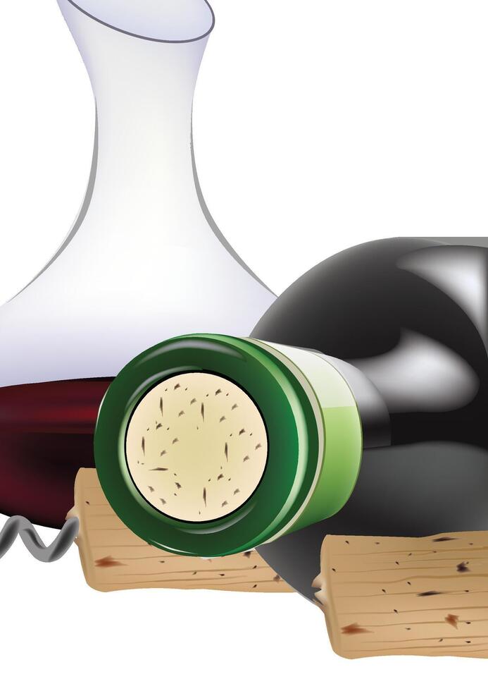 Wine bottle with corkscrew and decanter closeup on white vector
