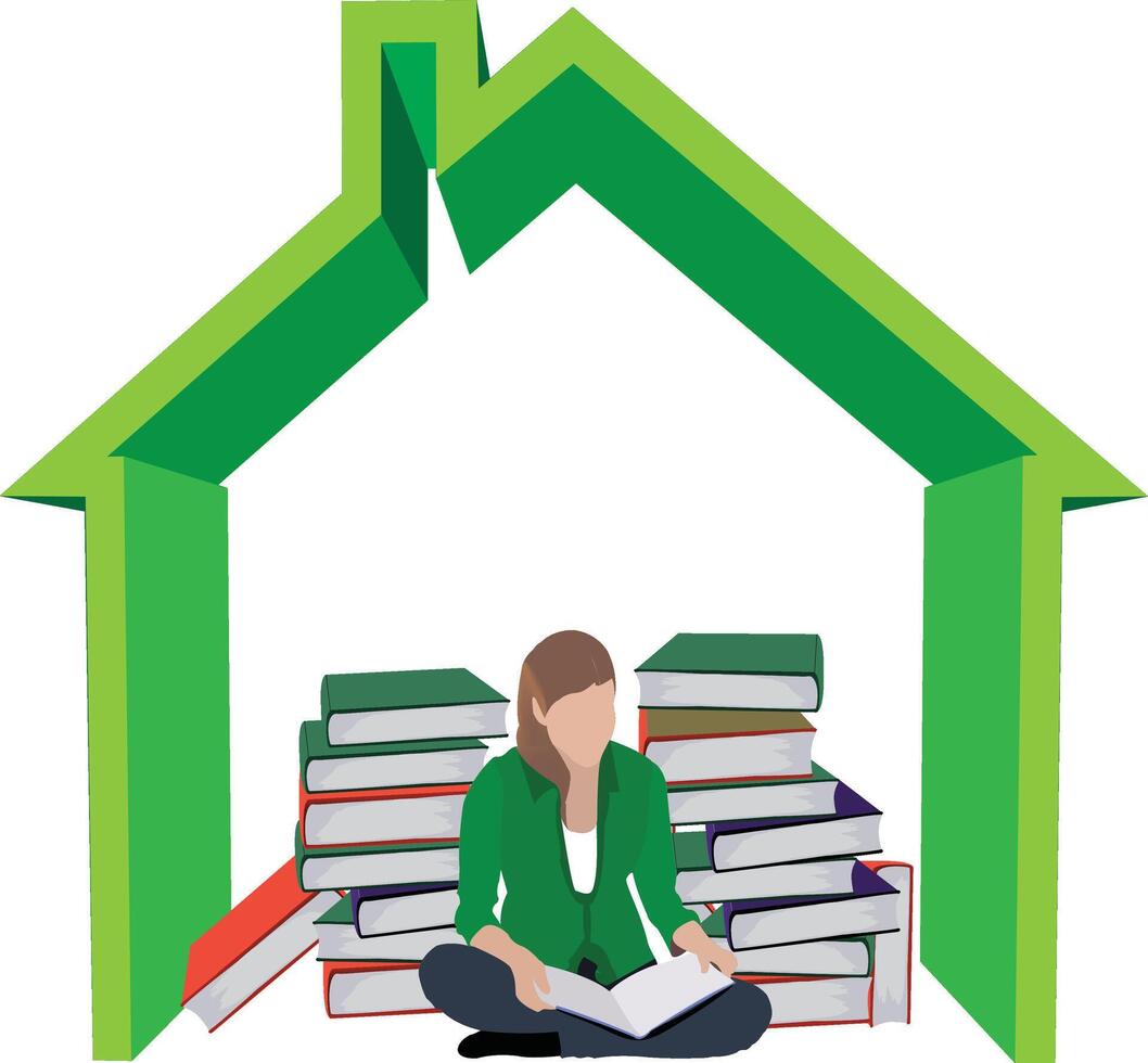 Young woman reading a book in a green house shape made of arrows vector