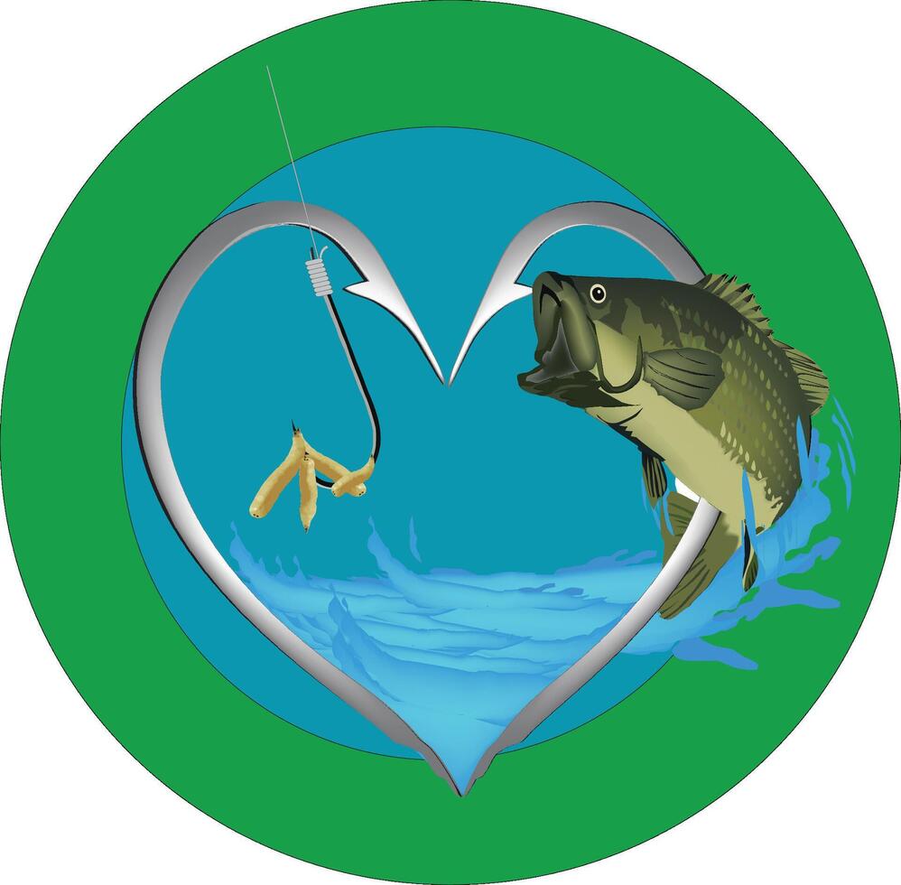 Largemouth bass jumping taking bait inside heart shaped fishing hook vector