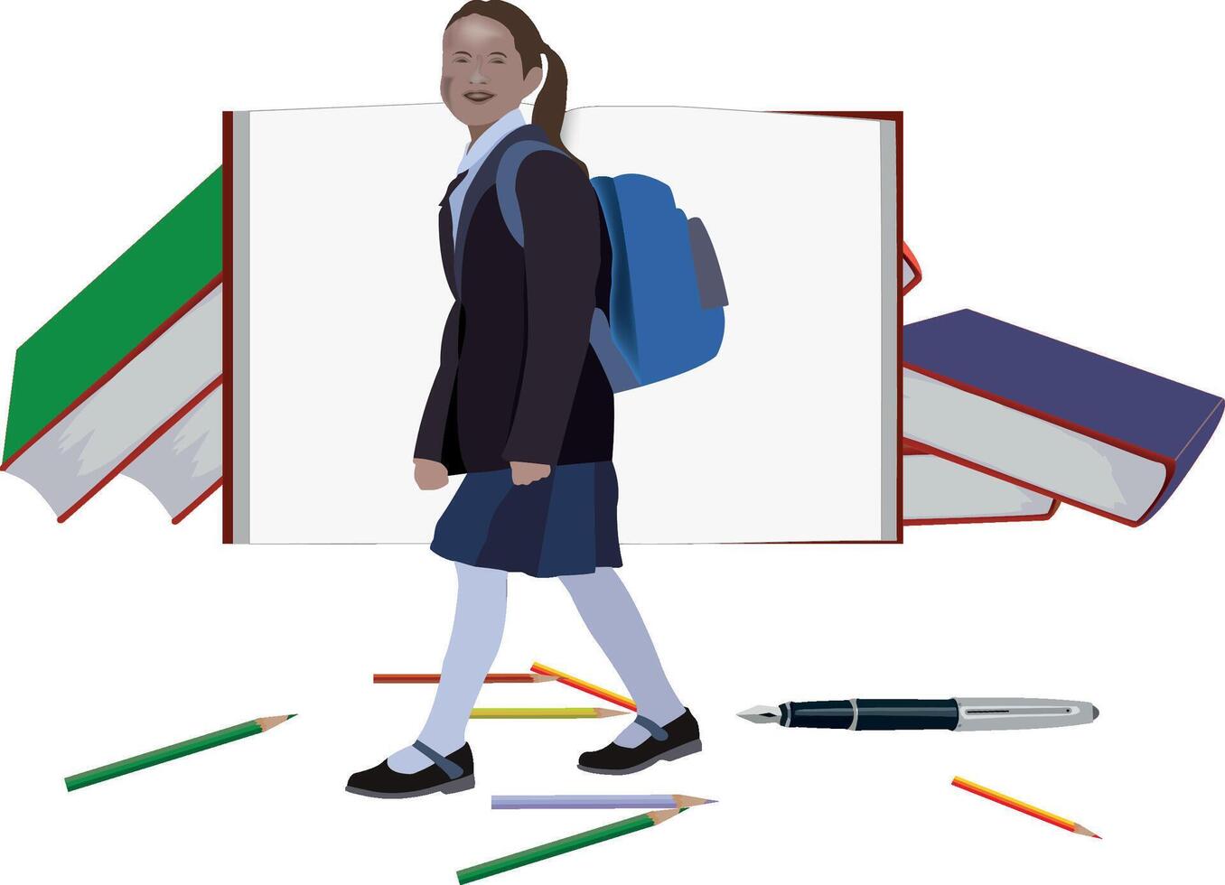 little girl with backpack books and pens vector