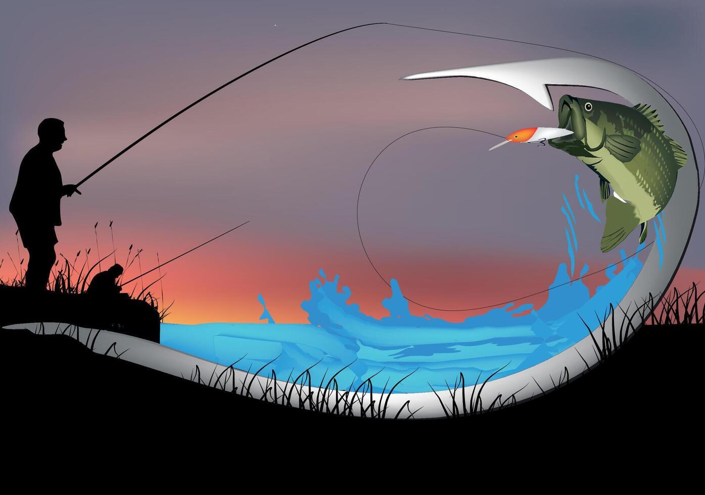 Fisherman catching largemouth bass at sunset with fishing hook reflection vector