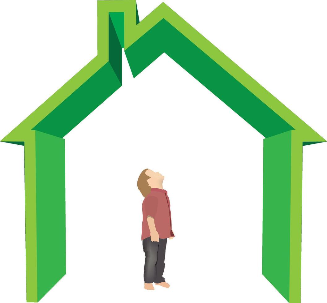 Young boy looking up at large green house symbol vector