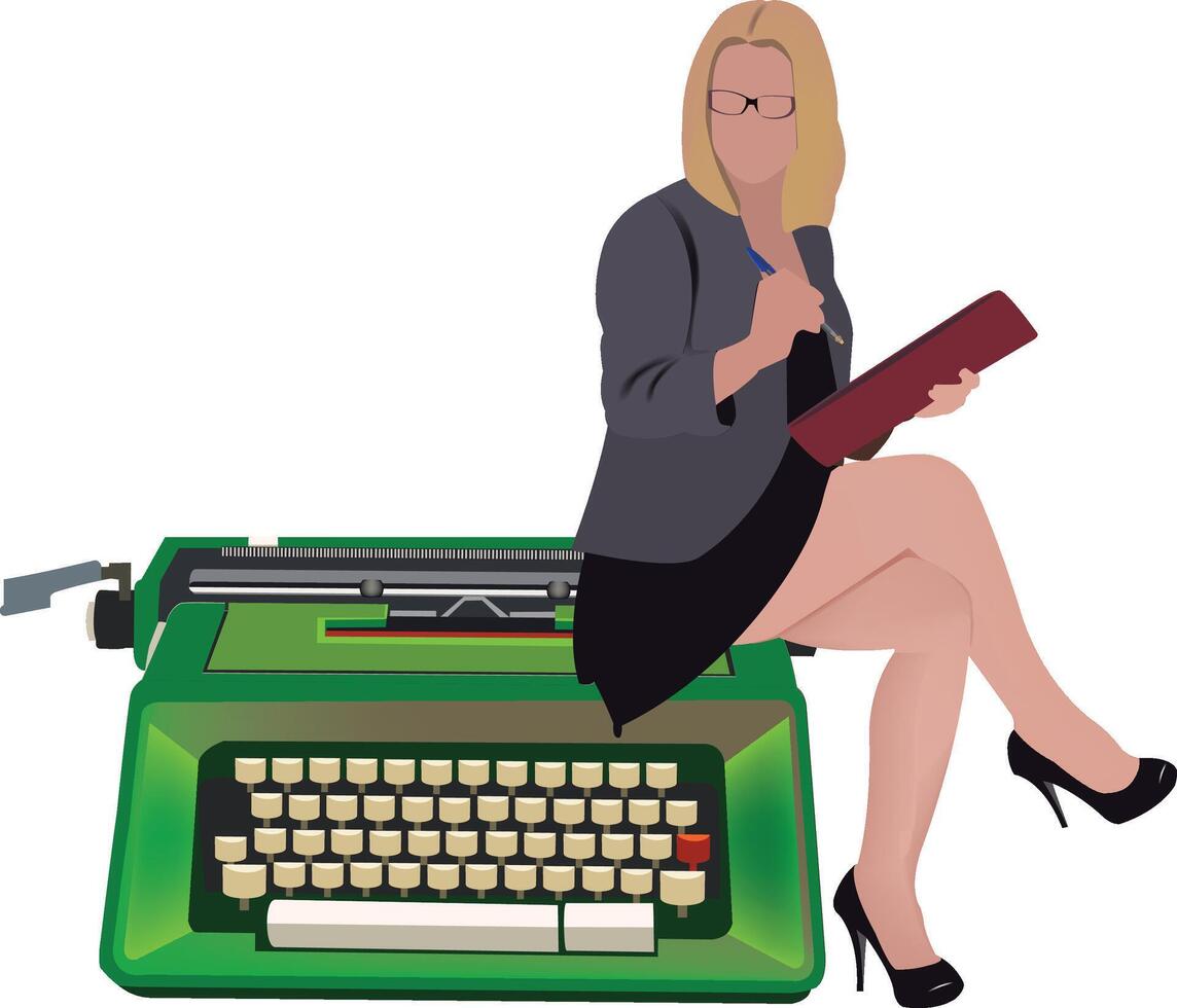 Businesswoman with pen and folder sitting on old typewriter vector