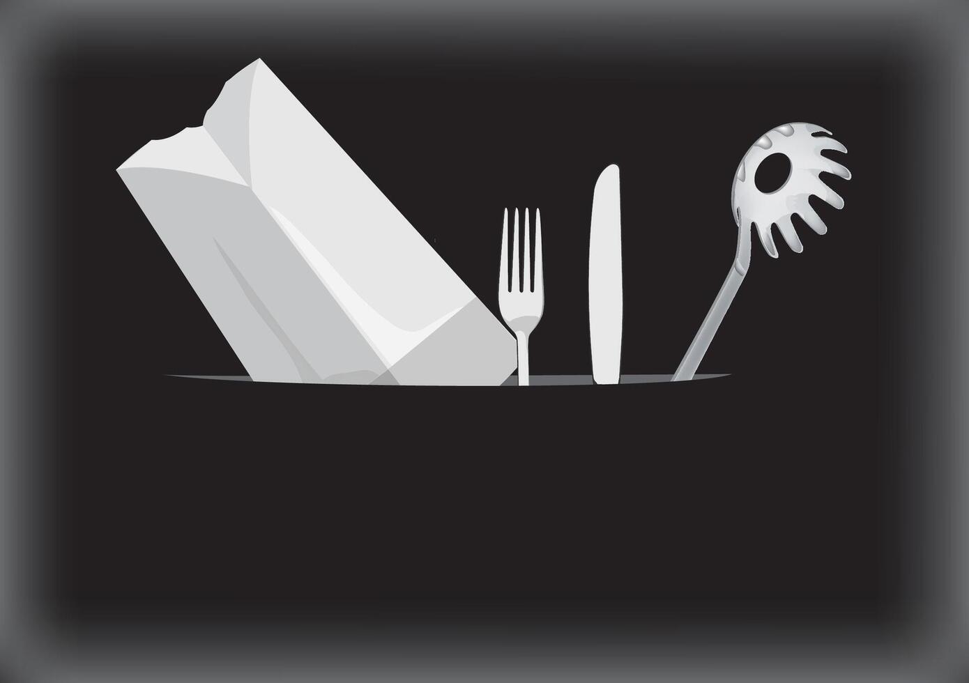 Paper bag emerging from black background with cutlery vector