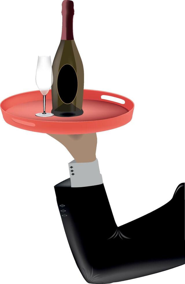 Waiter holding a bottle of wine and a glass on a tray vector