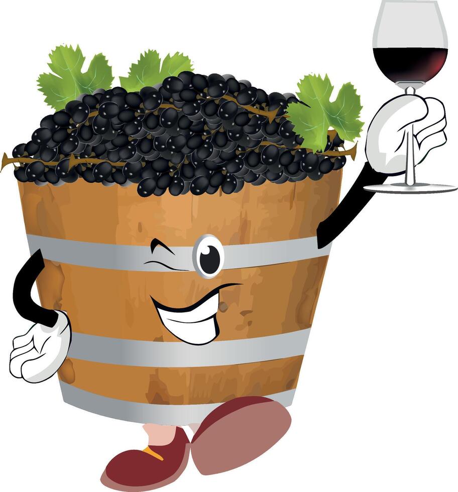 Anthropomorphic wooden wine barrel holding a glass of red wine and winking vector