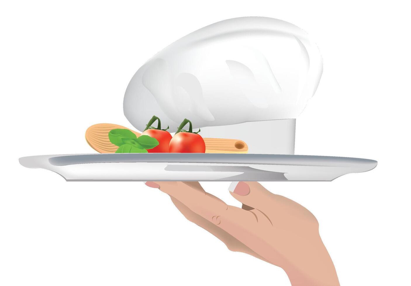 Waiter holding chef hat on silver tray with food ingredients vector