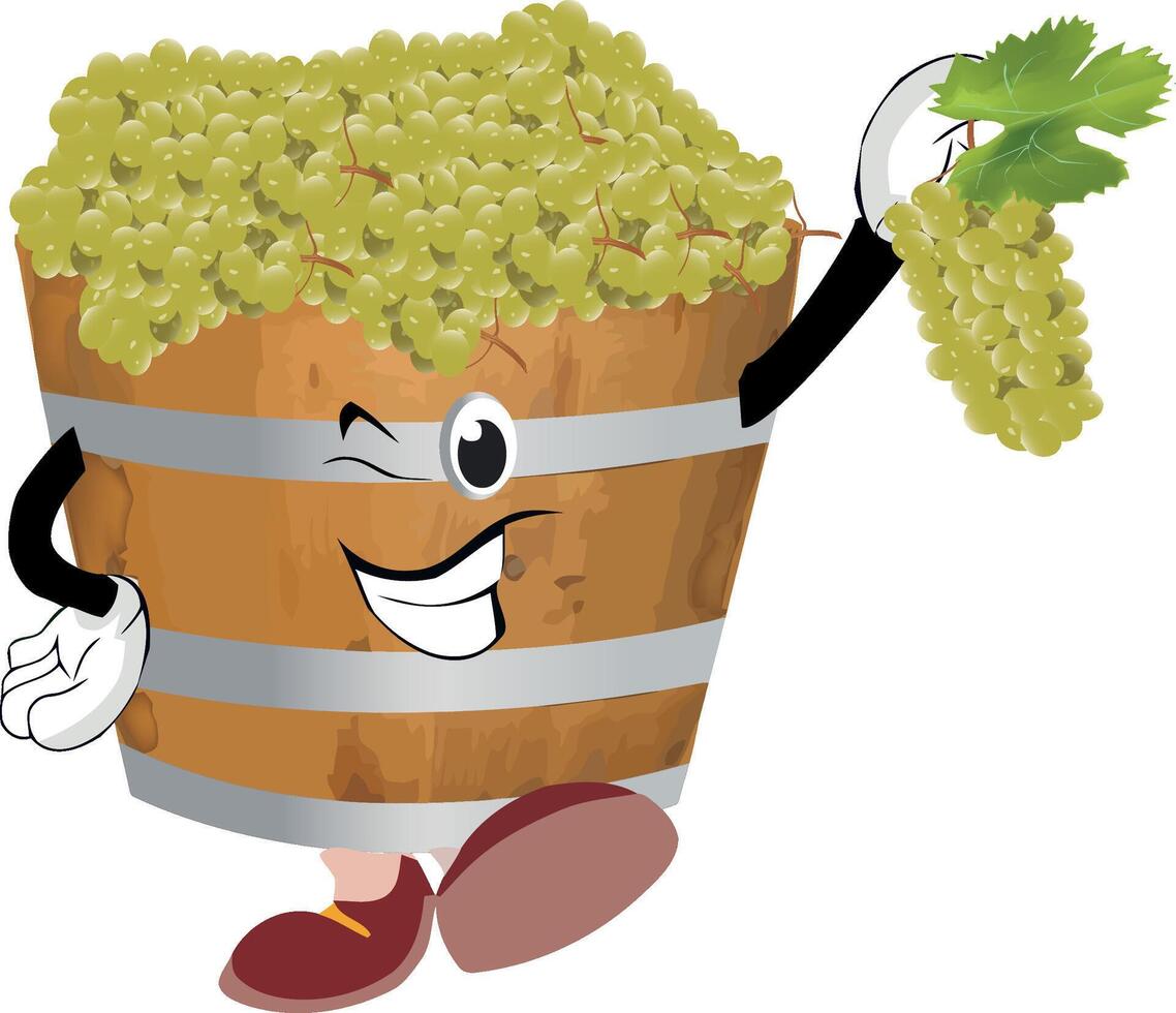 Happy wine barrel cartoon character holding green grapes vector
