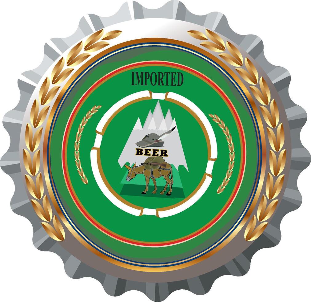 Metallic bottle cap showing donkey carrying beer on mountain trail design vector